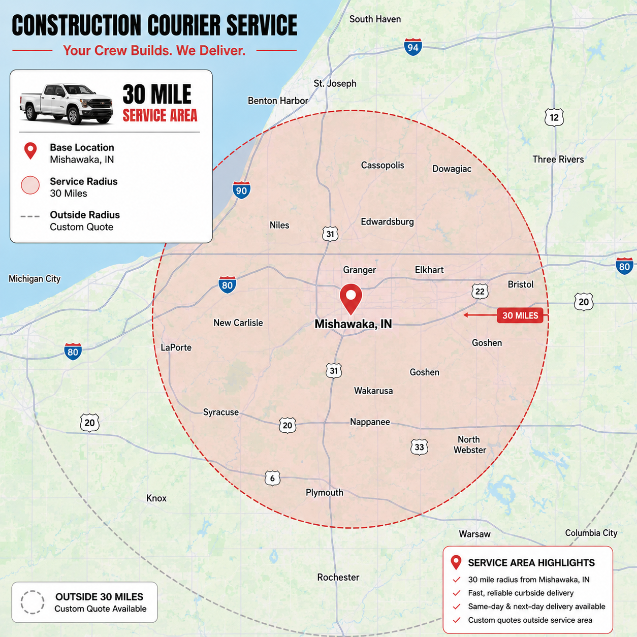 Construction Courier Service 30-mile service radius around Mishawaka, Indiana